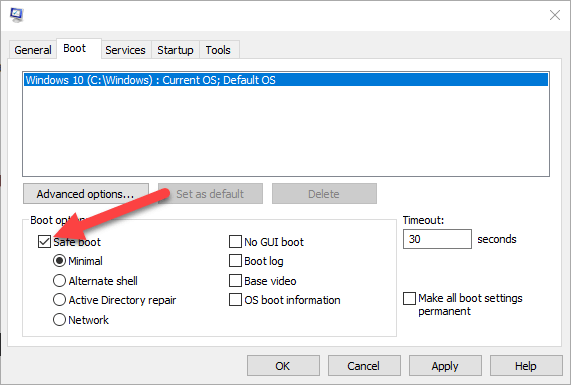 セーフモードチェックボックスを選択