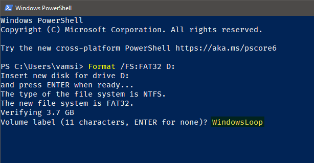 ドライブをファット 32 でフォーマットする PowerShell コマンド