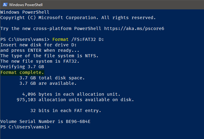 powershell を使用してファット 32 ファイル システム フォーマットでフォーマットされたドライブ
