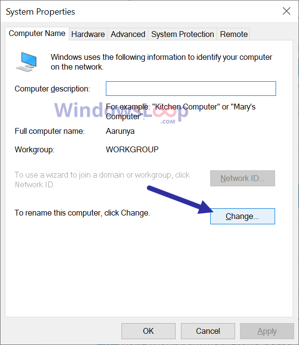 Нажмите кнопку «Изменить», чтобы изменить имя рабочей группы.
