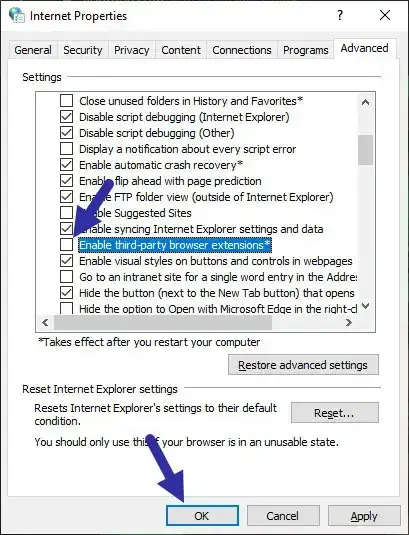 disable third-party extensions in IE