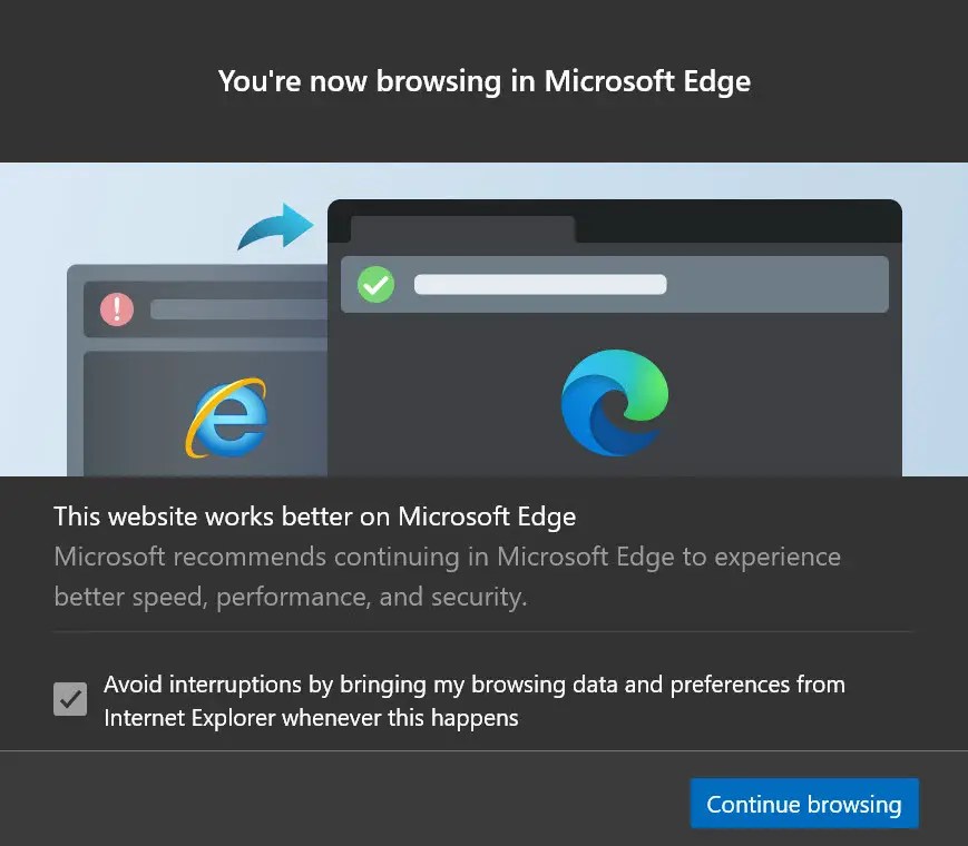 Сообщение о перенаправлении Internet Explorer на Edge