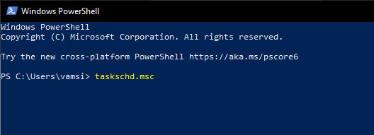 Команда PowerShell для открытия планировщика задач