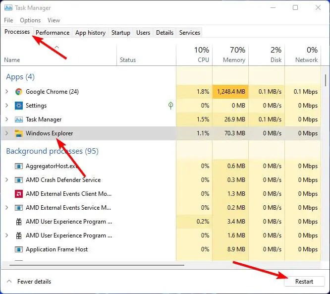 перезапустите проводник, чтобы исправить черный фон рабочего стола