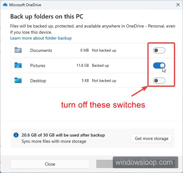 запретить OneDrive синхронизировать рабочий стол, документы и папки с изображениями