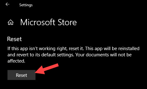Reinstall Windows Store - click on the reset button