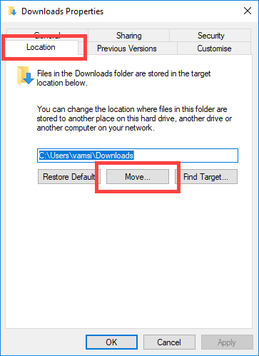 Click on the Move button under Location tab Click on the Move button under Location tab