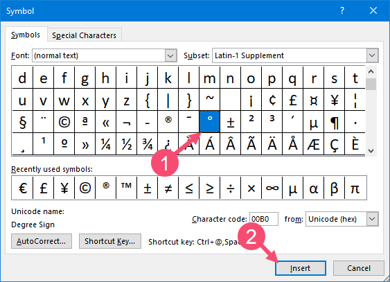 how to type degrees symbol windows