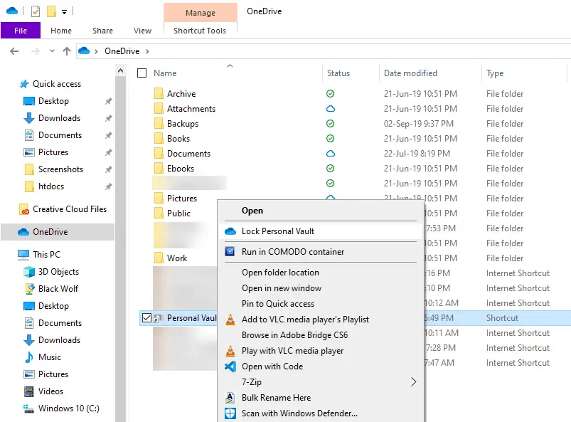 personal vault onedrive for business
