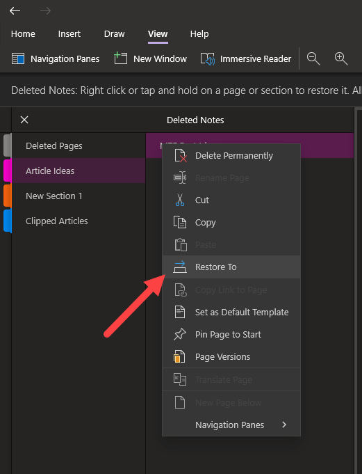 onenote recover deleted section