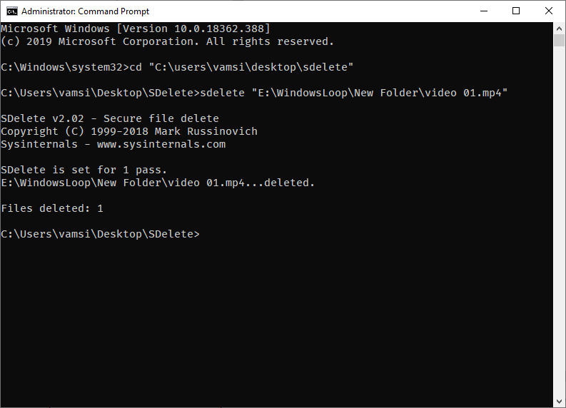 Secure delete files and folders windows 10 - file deleted