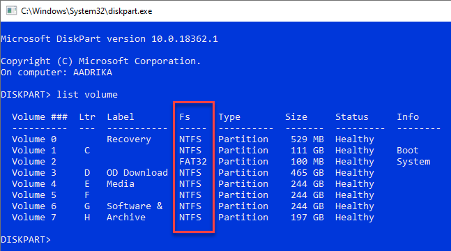 Find-file-system-diskpart-list-volume
