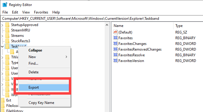 Backup-pinned-taskbar-icons-windows-export-registry-folder