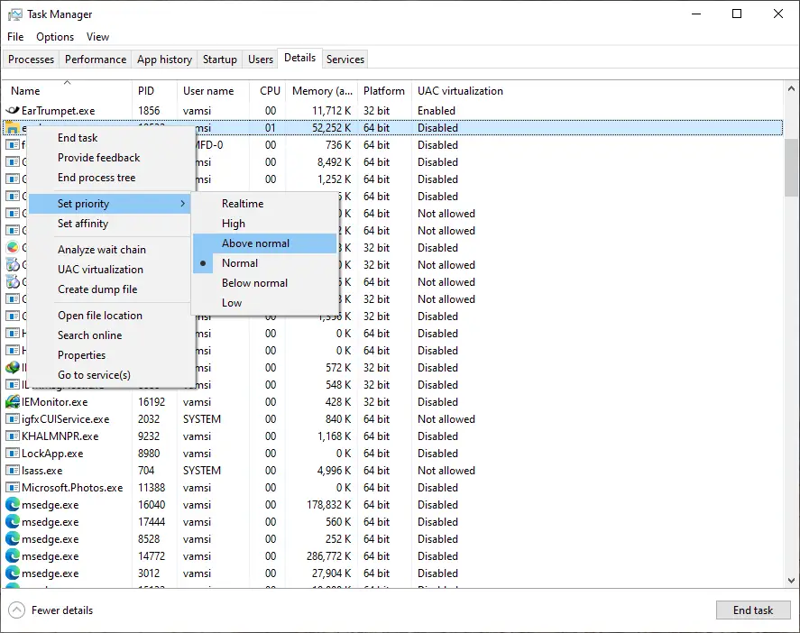 how to change priority on windows 10