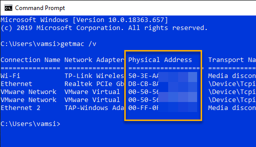 how to check mac address in windows 10