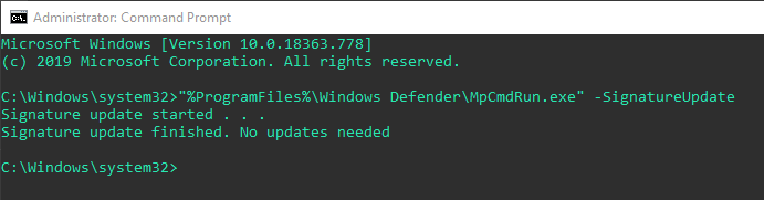Windows-defender-command-line-signature-update