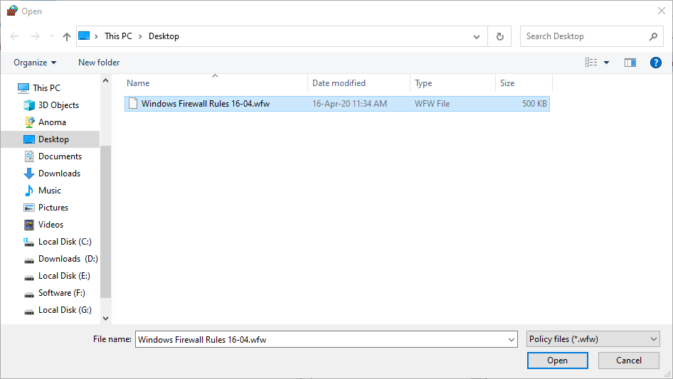 windows 10 firewall settings open any file