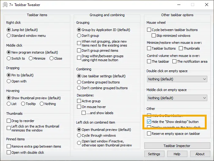 Hide remove show desktop button taskbar - check option