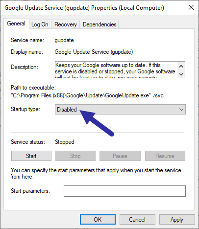 update disable chrome service windows select properties